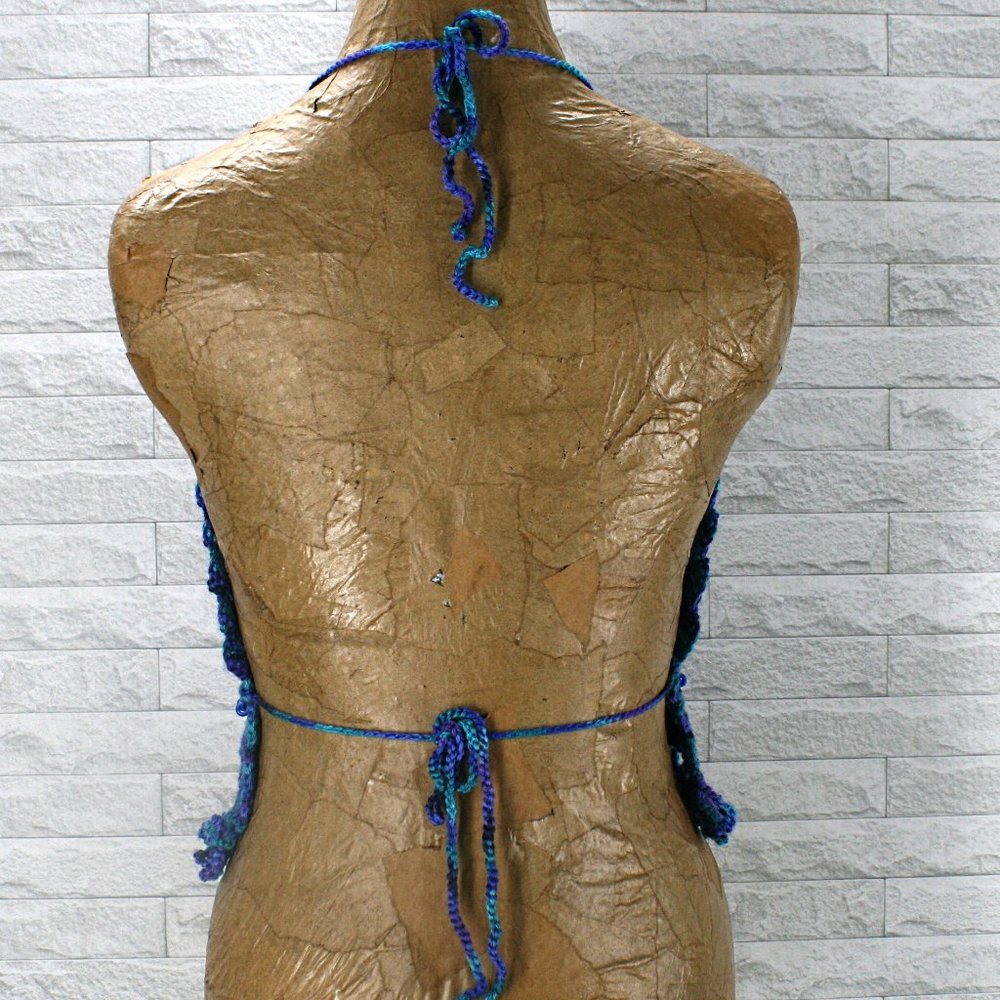 HAND CRAFTED Crop Top Crochet Halter Bikini Beaded Festival Blue Fringe Marled - Picture 4 of 14